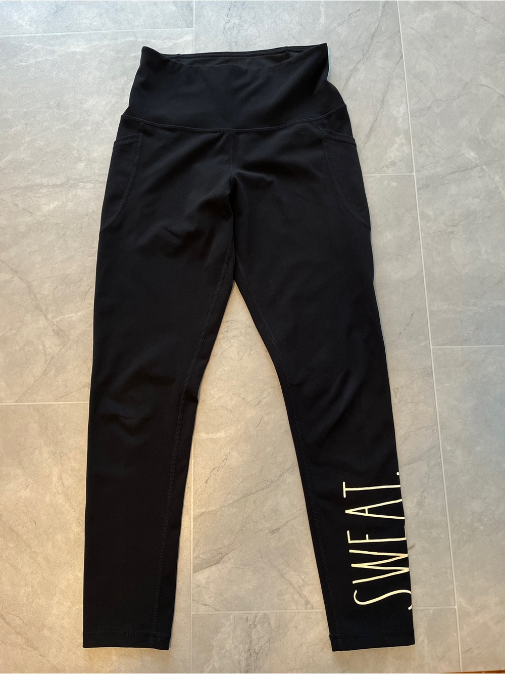 Rae Dunn Black Leggings with Bold 'SWEAT' Leg Graphic size S/P side pockets
